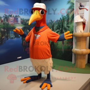 Orange Woodpecker mascot costume character dressed with a Bermuda Shorts and Brooches