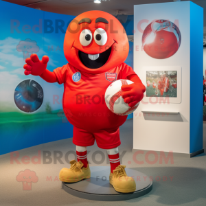 Red Rugby Ball mascot costume character dressed with a Romper and Shoe clips