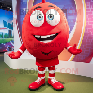 Red Rugby Ball mascot costume character dressed with a Romper and Shoe clips