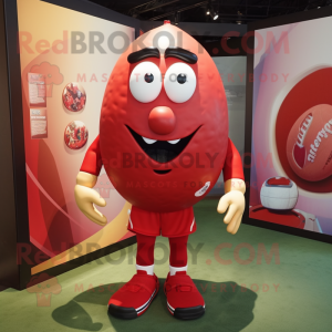 Red Rugby Ball mascot costume character dressed with a Romper and Shoe clips