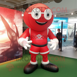 Red Rugby Ball mascot costume character dressed with a Romper and Shoe clips