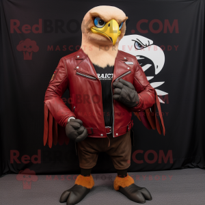 Red Bald Eagle mascot costume character dressed with a Leather Jacket and Scarves
