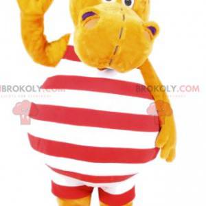 Mascota hippopotamus amarillo en traje de baño a rayas -