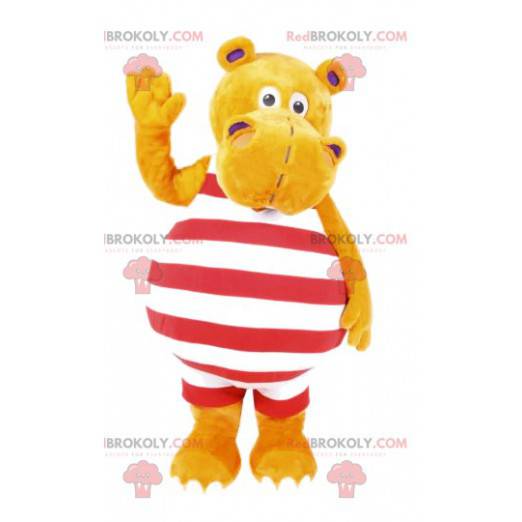 Gul hyppopotamusmaskot i randig baddräkt - Redbrokoly.com