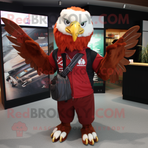 Red Bald Eagle mascot costume character dressed with a Leather Jacket and Scarves