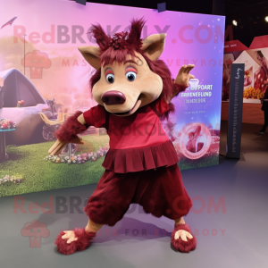 Maroon Wild Boar mascot costume character dressed with a Culottes and Anklets