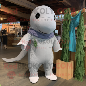Gray Beluga Whale mascot costume character dressed with a Corduroy Pants and Necklaces