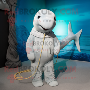 Gray Beluga Whale mascot costume character dressed with a Corduroy Pants and Necklaces