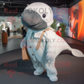 Gray Beluga Whale mascot costume character dressed with a Corduroy Pants and Necklaces