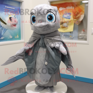 Gray Goldfish mascot costume character dressed with a Raincoat and Scarves