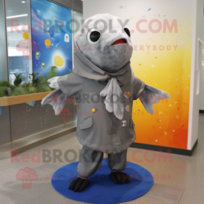 Gray Goldfish mascot costume character dressed with a Raincoat and Scarves