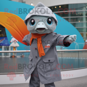 Gray Goldfish mascot costume character dressed with a Raincoat and Scarves