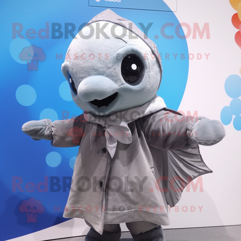 Gray Goldfish mascot costume character dressed with a Raincoat and Scarves