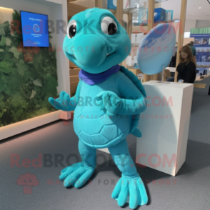 Turquoise Sea Turtle mascot costume character dressed with a Yoga Pants and Cufflinks