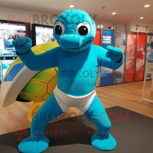 Turquoise Sea Turtle mascot costume character dressed with a Yoga Pants and Cufflinks