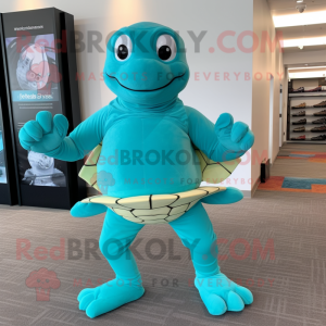Turquoise Sea Turtle mascot costume character dressed with a Yoga Pants and Cufflinks