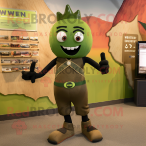 Olive Alliance mascot costume character dressed with a Leggings and Suspenders