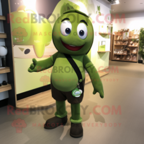 Olive Alliance mascot costume character dressed with a Leggings and Suspenders