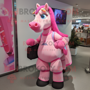 Pink Horse mascot costume character dressed with a Midi Dress and Backpacks