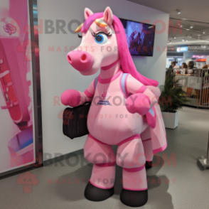 Pink Horse mascot costume character dressed with a Midi Dress and Backpacks