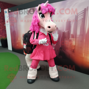 Pink Horse mascot costume character dressed with a Midi Dress and Backpacks
