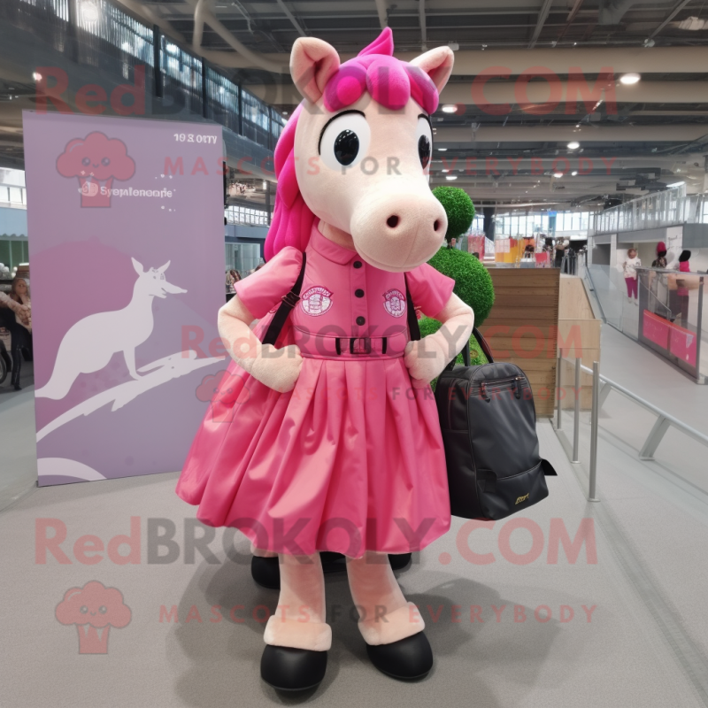 Pink Horse mascot costume character dressed with a Midi Dress and Backpacks