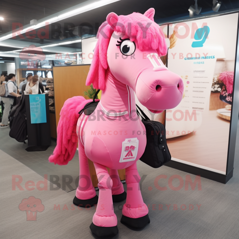 Pink Horse mascot costume character dressed with a Midi Dress and Backpacks