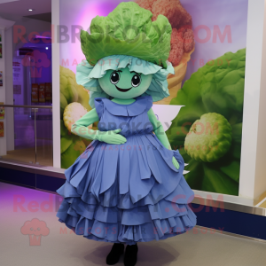 Cyan Cabbage mascot costume character dressed with a Skirt and Caps