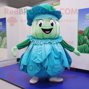 Cyan Cabbage mascot costume character dressed with a Skirt and Caps