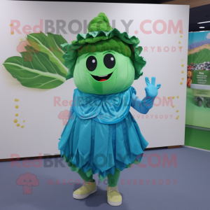 Cyan Cabbage mascot costume character dressed with a Skirt and Caps