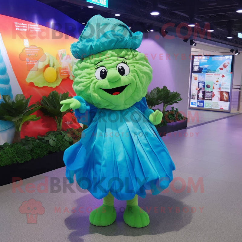 Cyan Cabbage mascot costume character dressed with a Skirt and Caps