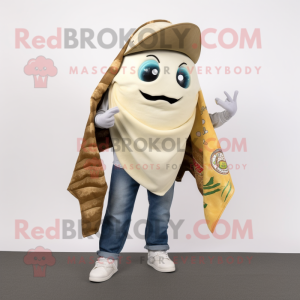Cream Fish Tacos mascot costume character dressed with a Boyfriend Jeans and Shawl pins