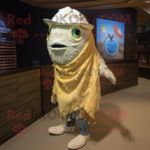 Cream Fish Tacos mascot costume character dressed with a Boyfriend Jeans and Shawl pins