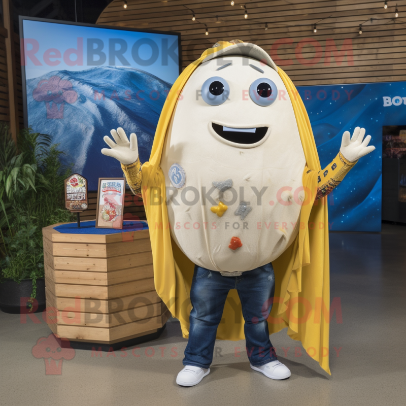 Cream Fish Tacos mascot costume character dressed with a Boyfriend Jeans and Shawl pins Cream Fish Tacos mascot costume character dressed with a Boyfriend Jeans and Shawl pins