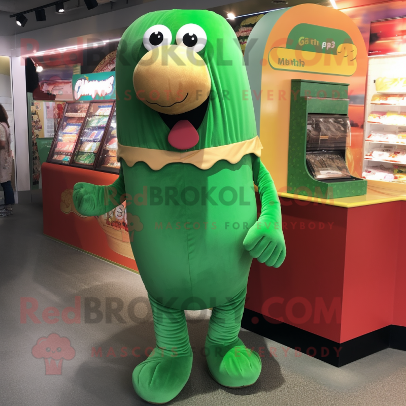 Green Hot Dog mascot costume character dressed with a Corduroy Pants and Coin purses Green Hot Dog mascot costume character dressed with a Corduroy Pants and Coin purses