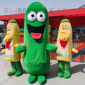 Green Hot Dog mascot costume character dressed with a Corduroy Pants and Coin purses