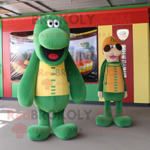 Green Hot Dog mascot costume character dressed with a Corduroy Pants and Coin purses