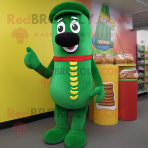 Green Hot Dog mascot costume character dressed with a Corduroy Pants and Coin purses
