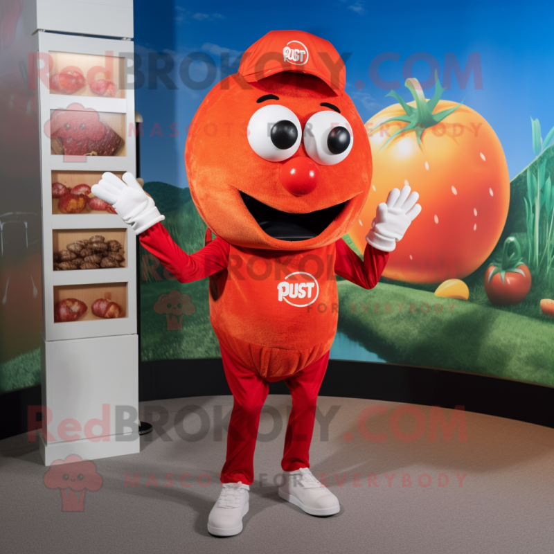 Rust Tomato mascot costume character dressed with a Rash Guard and Headbands