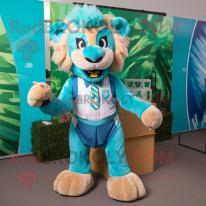 Turquoise Lion mascot costume character dressed with a V-Neck Tee and Bow ties