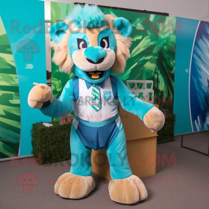 Turquoise Lion mascot costume character dressed with a V-Neck Tee and Bow ties Turquoise Lion mascot costume character dressed with a V-Neck Tee and Bow ties