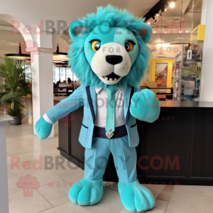 Turquoise Lion mascot costume character dressed with a V-Neck Tee and Bow ties