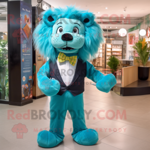 Turquoise Lion mascot costume character dressed with a V-Neck Tee and Bow ties