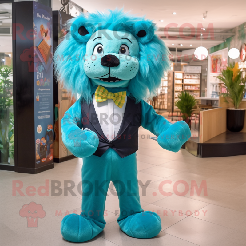 Turquoise Lion mascot costume character dressed with a V-Neck Tee and Bow ties Turquoise Lion mascot costume character dressed with a V-Neck Tee and Bow ties
