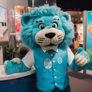 Turquoise Lion mascot costume character dressed with a V-Neck Tee and Bow ties