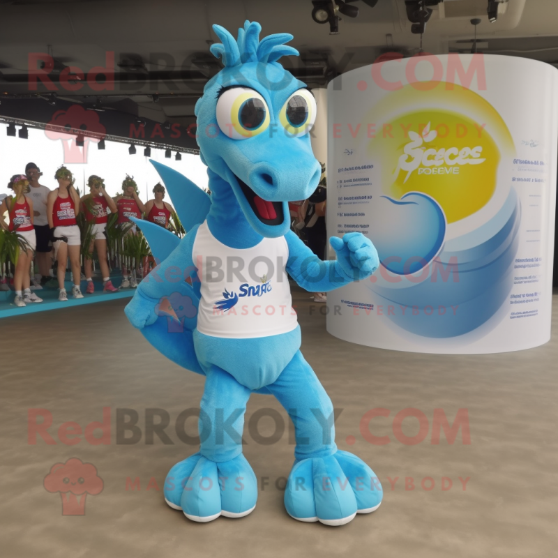 Sky Blue Seahorse mascot costume character dressed with a Running Shorts and Bracelets