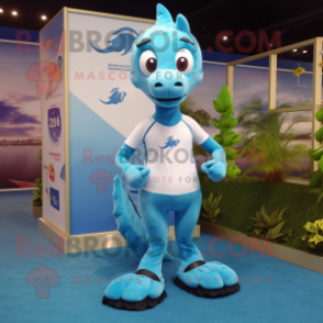 Sky Blue Seahorse mascot costume character dressed with a Running Shorts and Bracelets