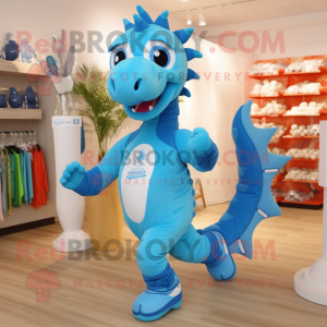 Sky Blue Seahorse mascot costume character dressed with a Running Shorts and Bracelets