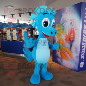 Sky Blue Seahorse mascot costume character dressed with a Running Shorts and Bracelets