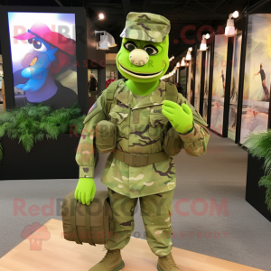 Lime Green American Soldier mascot costume character dressed with a Oxford Shirt and Clutch bags